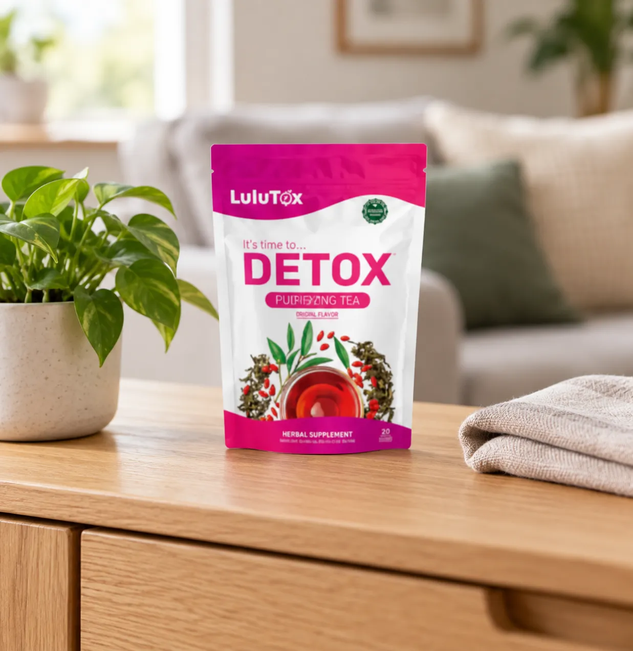 Lulutox Detox Tea — Verpackung im Alltag